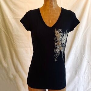 V_Neck, Tunic Length Winged Tee Shirt with Rhinestones